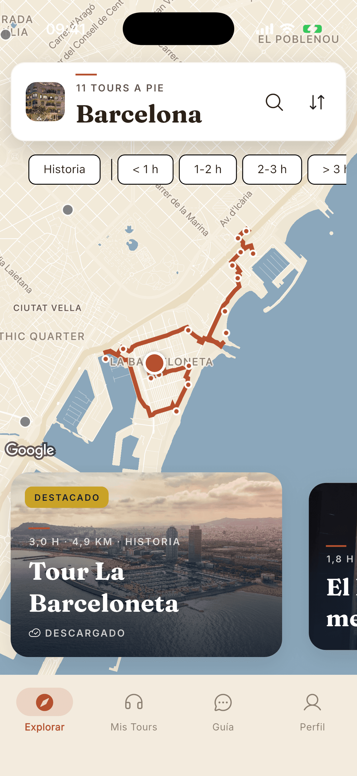 Citourfy explore screen with a map of Barcelona, a walking route traced through La Barceloneta, and a featured downloadable tour