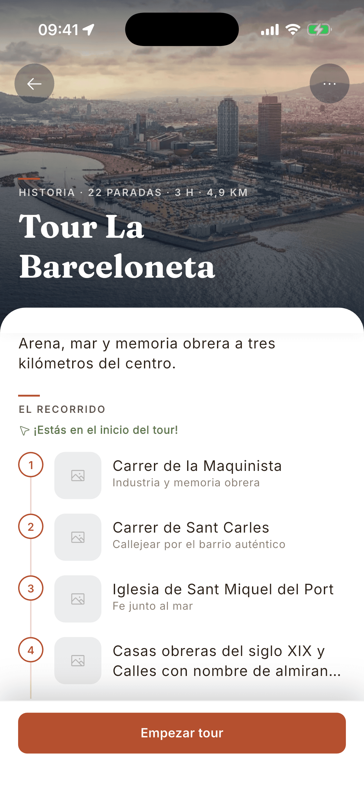 Citourfy tour detail for La Barceloneta: 22 stops over three hours, with the route listed stop by stop