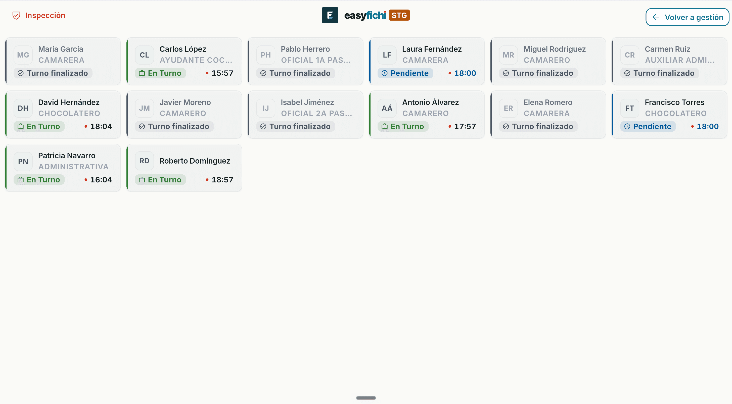 EasyFichi inspection board showing each employee's live shift status: on shift, finished, or pending, with clock-in times