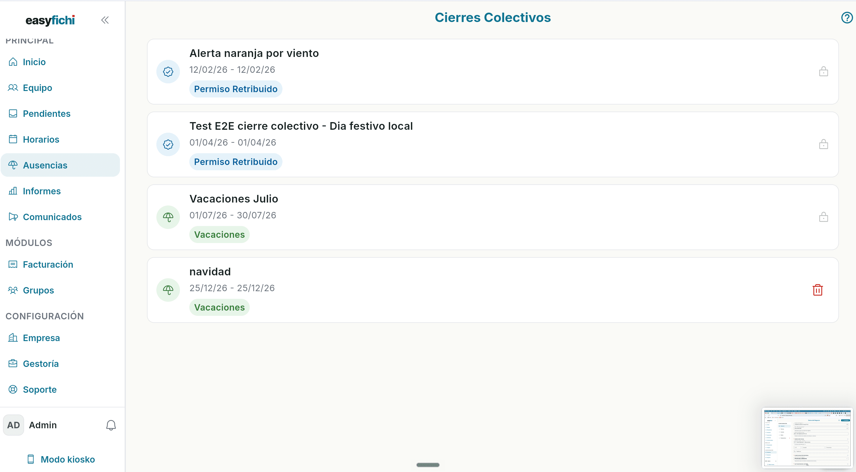 EasyFichi collective closures screen listing paid leave and holiday periods, including a weather alert closure