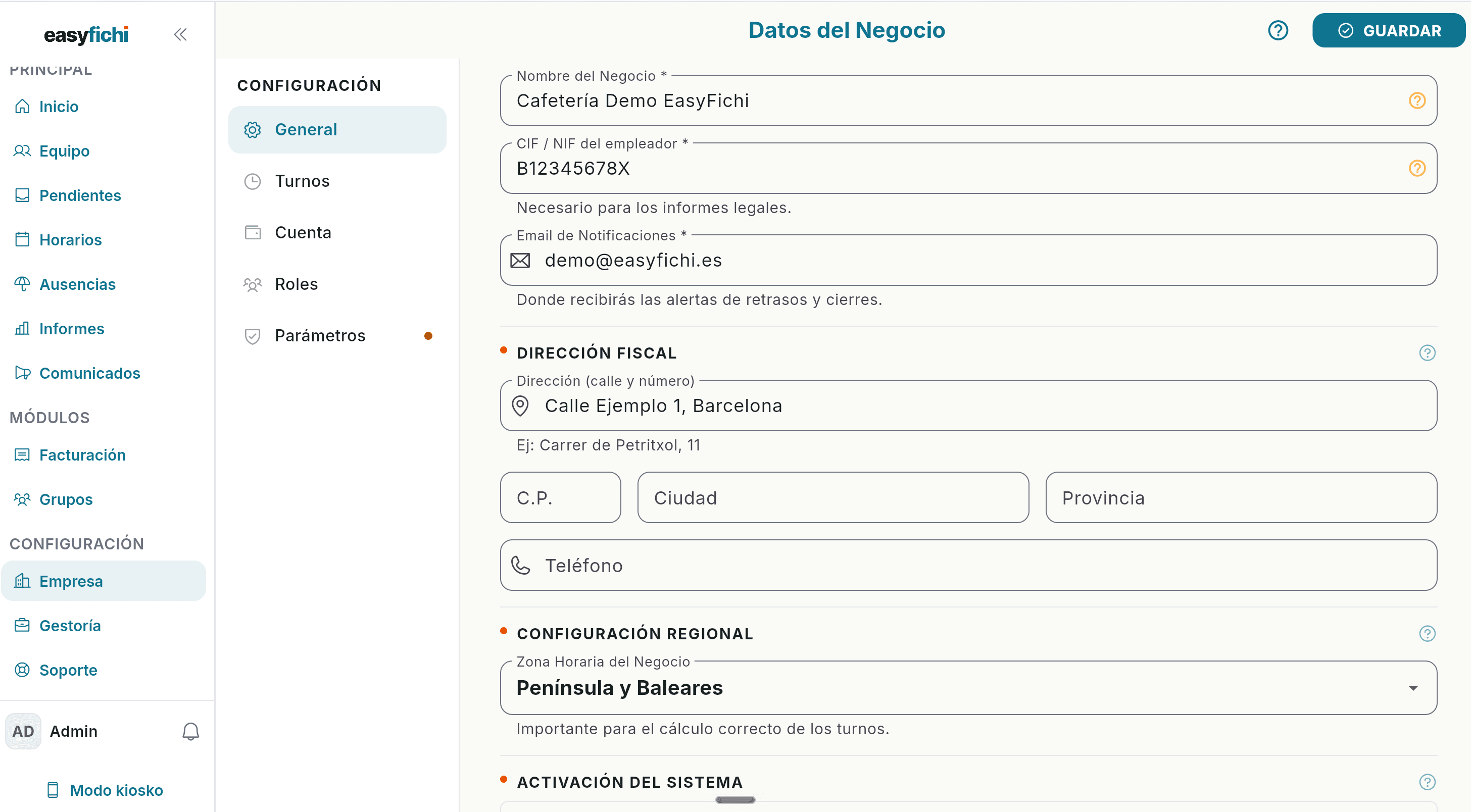 EasyFichi business settings with fiscal data, notification email, and regional timezone configuration