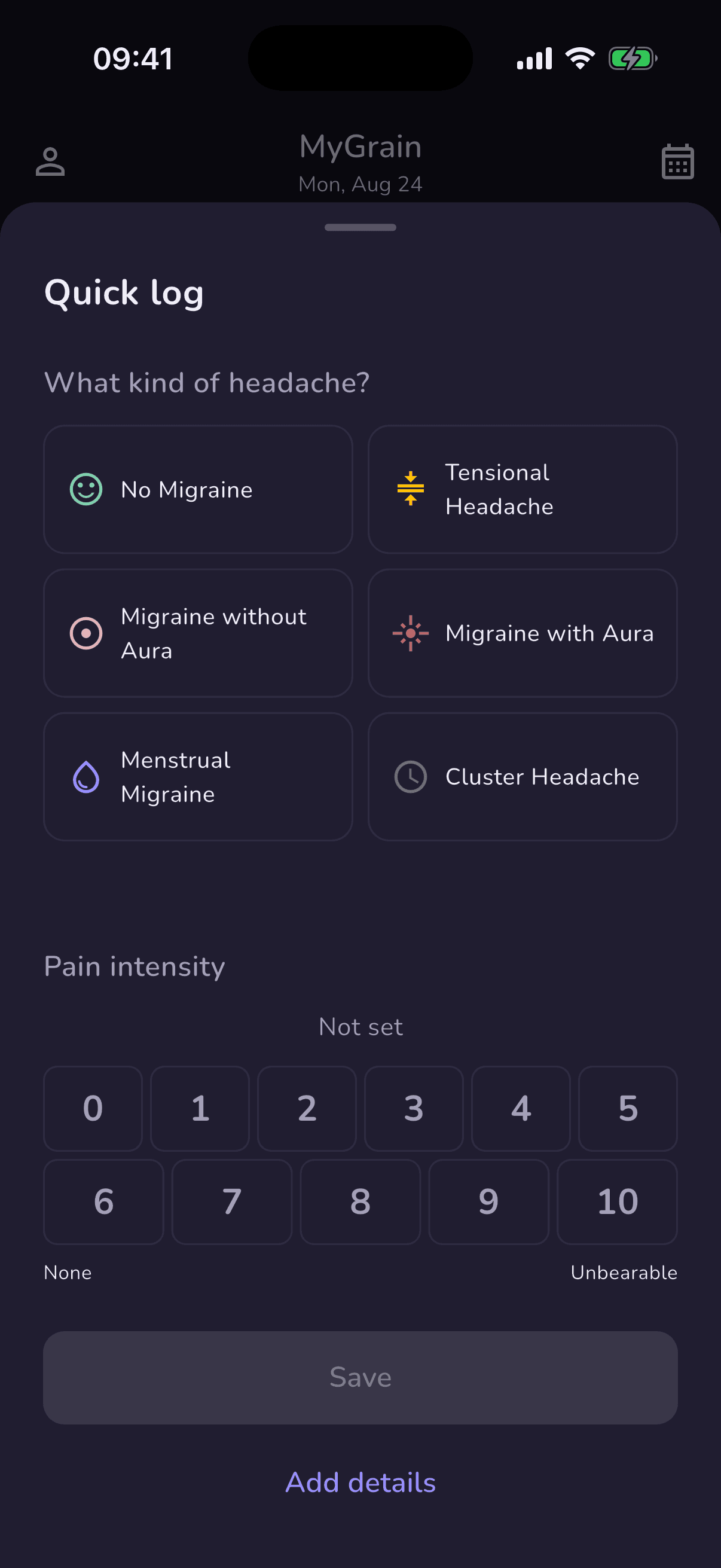 MyGrain quick log sheet for choosing the headache type and rating pain intensity from zero to ten