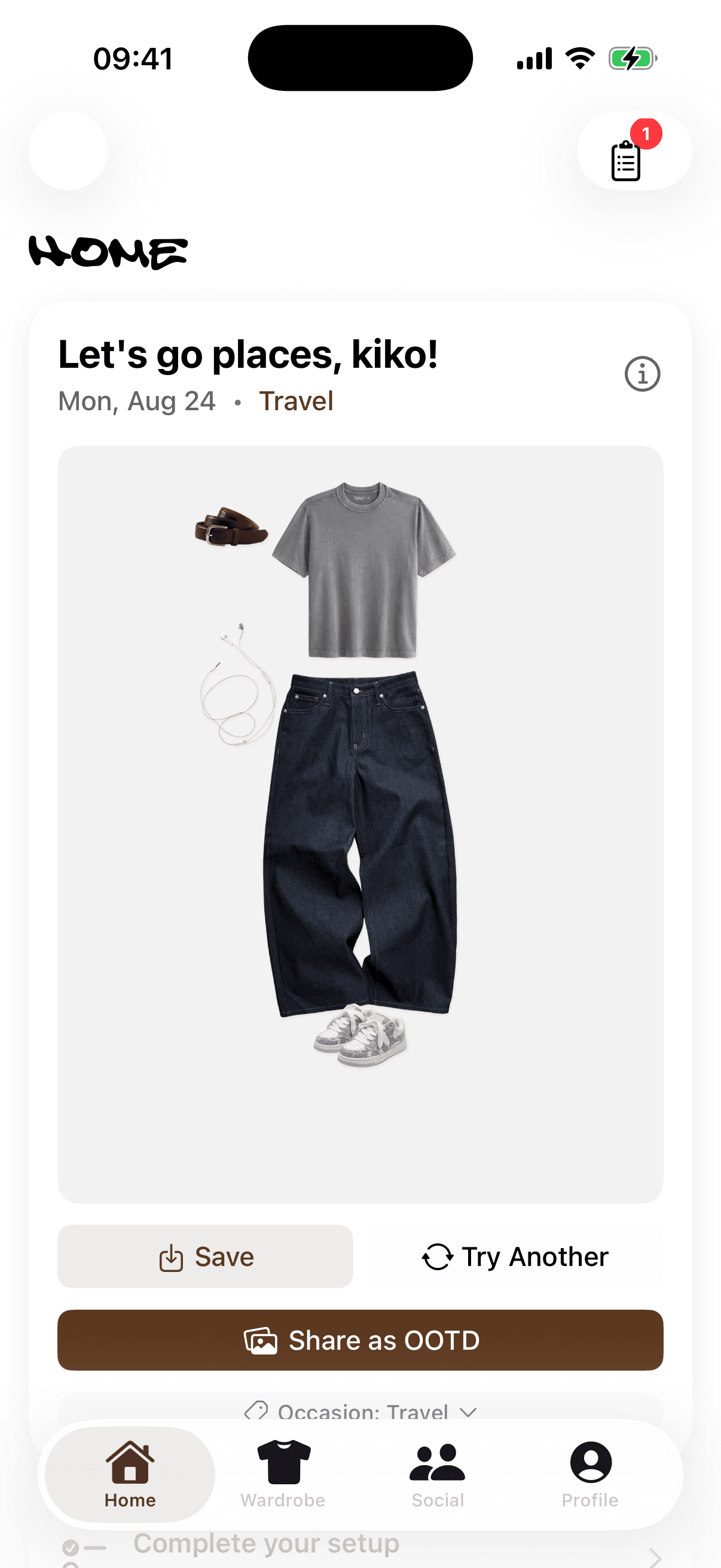 WRDB home screen showing a daily AI outfit recommendation for travel, with save, try another, and share as OOTD actions