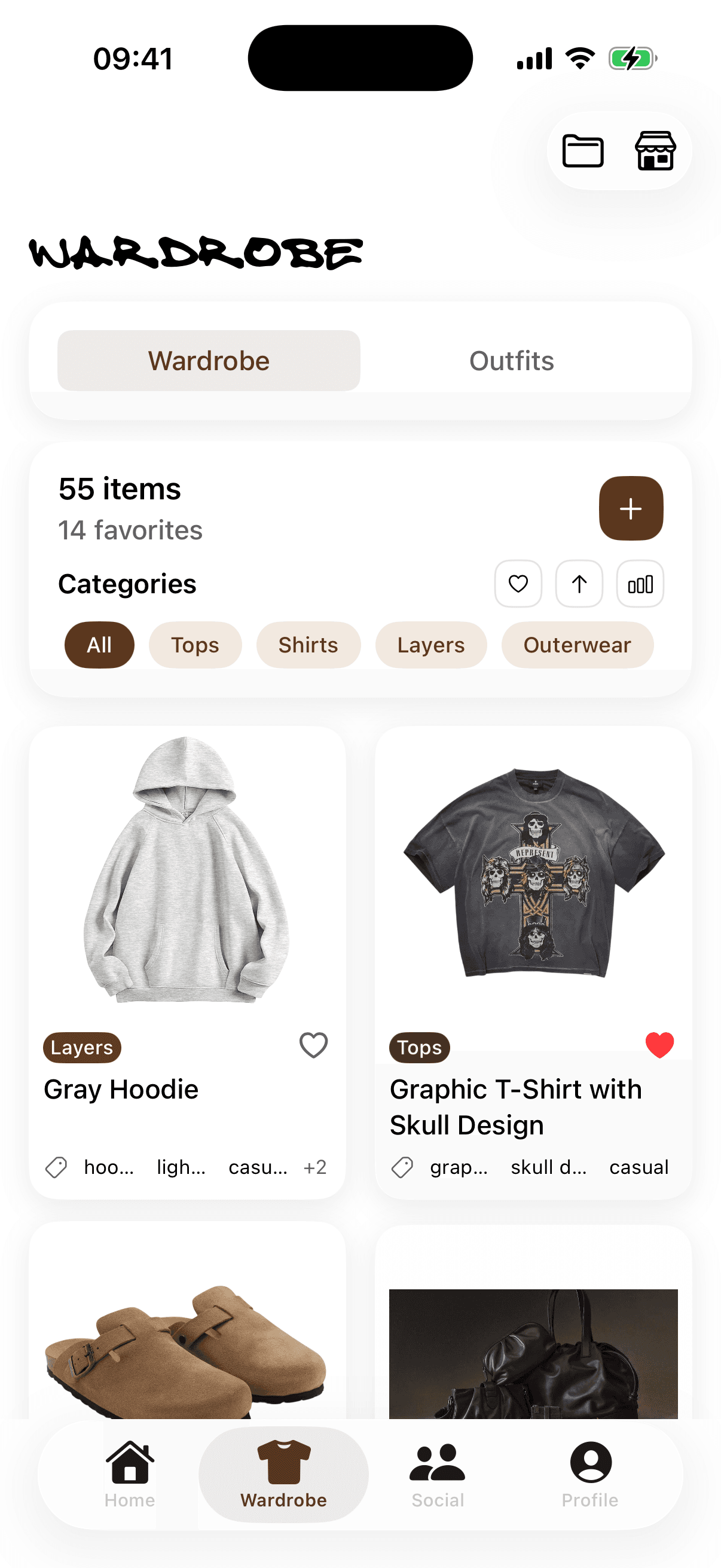 WRDB wardrobe screen with a 55-item closet grid organized by categories and favorites
