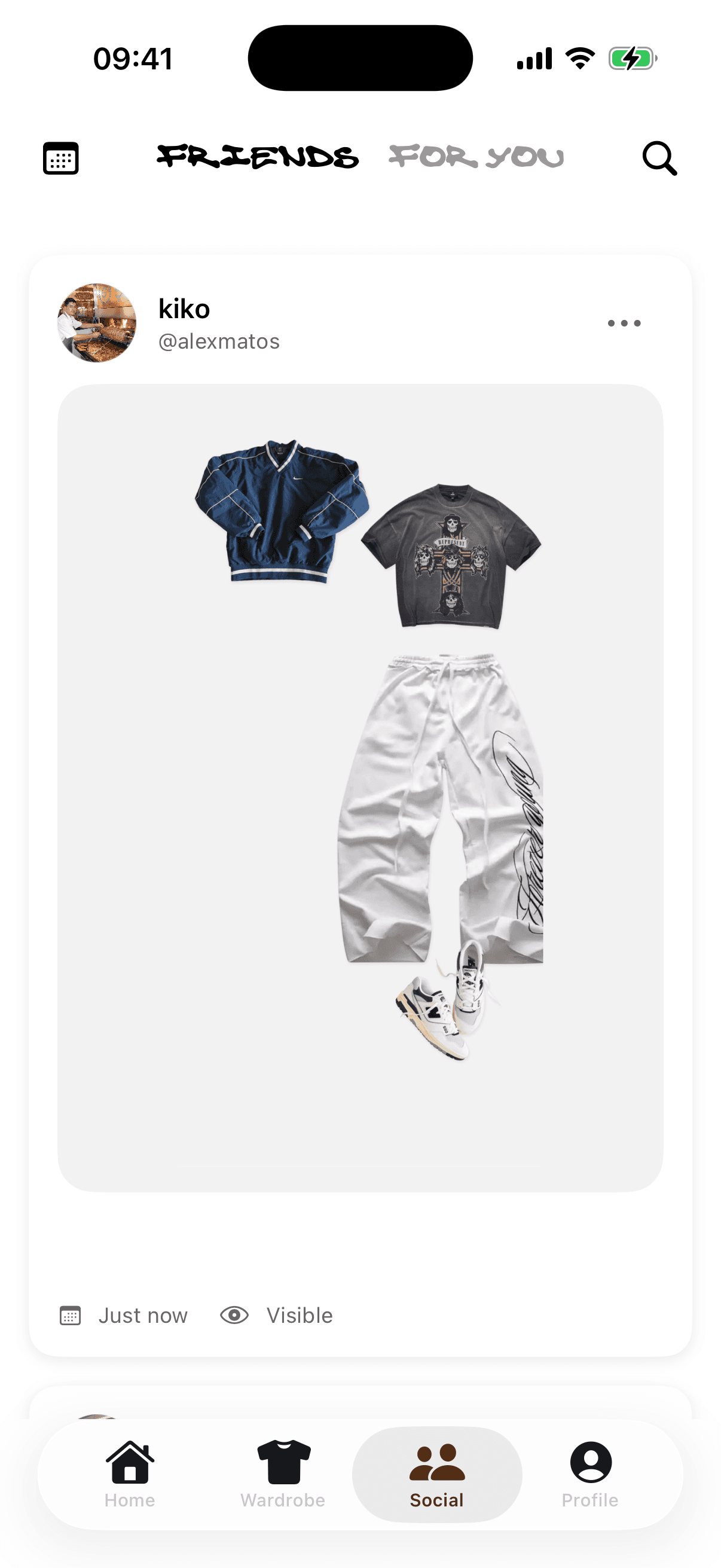 WRDB social feed with an outfit shared as a post to friends